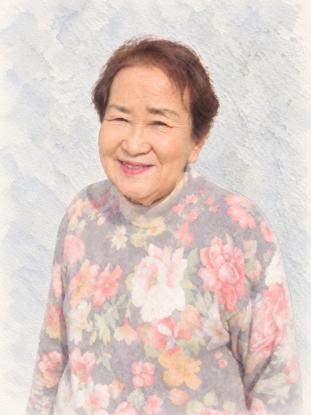 花柄のセーターを着て微笑むウタ子の水彩画